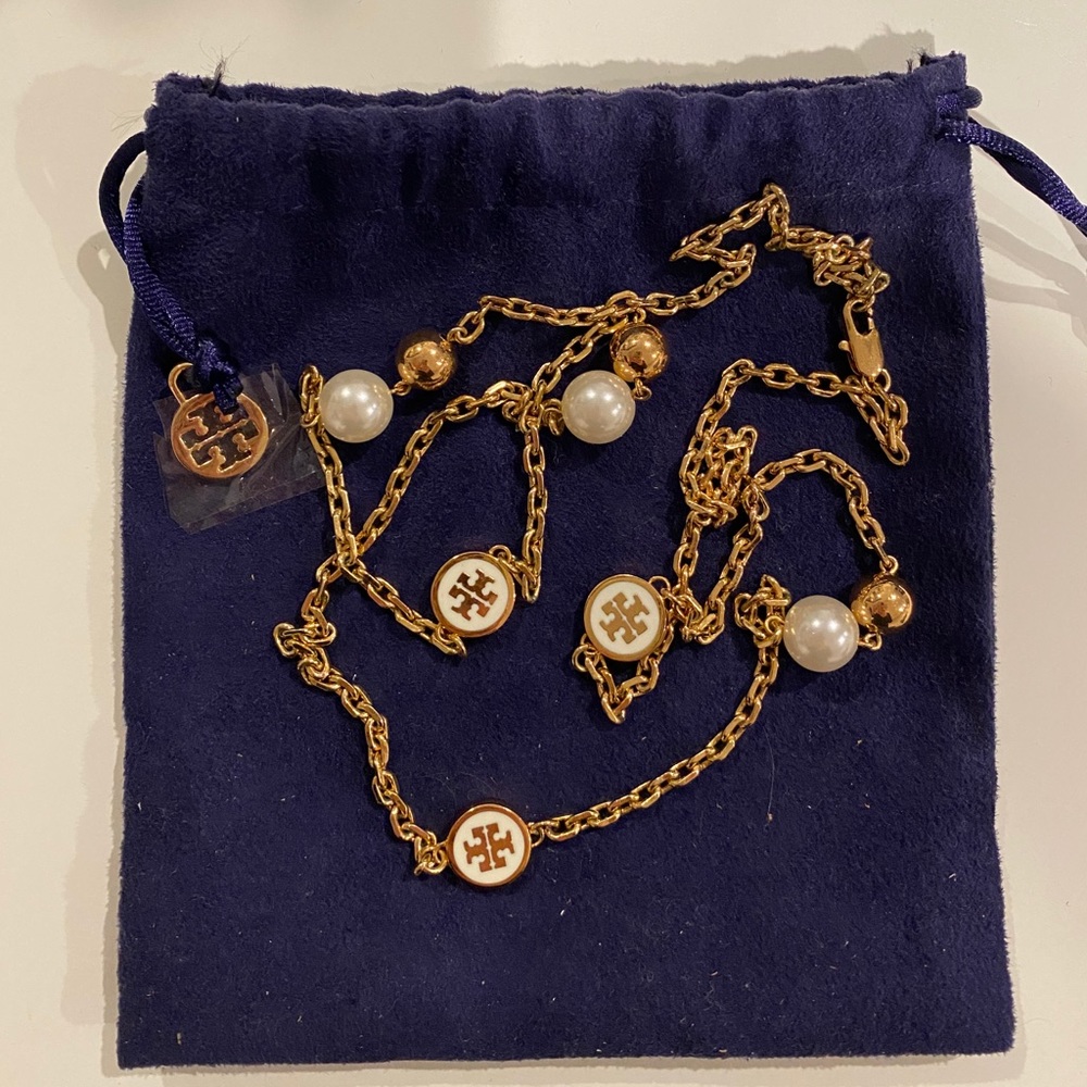 Tory Burch Gold and Pearl Chain Necklace - Picture 1 of 3